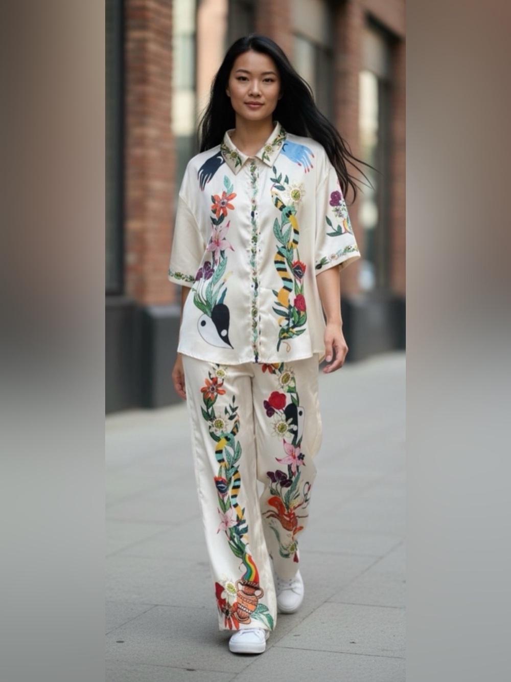 Artsy Satin Co-Ord Set Snake Floral Yin Yang Resort Lounge L/XL
